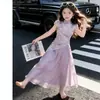 2026 Nuevo Vestido Cheongsam de Verano para Niñas, Nuevo Estilo Chino Morado Estilo Nacional Conjunto de Dos Piezas Vestido de Princesa Floral
