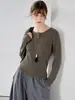 Blusa Henley de Malha com Fio Mesclado de Linho Japonês, Manga Longa, para Mulheres, Outono, Emagrecedora, Canelada, para o Trabalho, Camiseta de Camada Interna