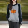 Suéter Espeso Nuevo para Mujer, Camisa Base Holgada de Otoño e Invierno, Tejido de Punto Jacquard de Calabaza en Bloques de Color con Cuello Redondo