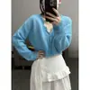Cardigan Tricô Feminino Gola V Moda Coreana com Renda Detalhe Outono Inverno Casual Versátil Emagrecedor Vazado