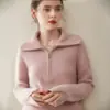 Suéter grueso 100% cachemira pura para mujer, con media cremallera, cuello camisero, suave y agradable para la piel, suéter base de punto de alta gama, corte holgado