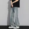 Jeans de Mezclilla Lavada Color Gris Ahumado Vintage para Hombre, Pantalones con Cinturón para Primavera y Otoño, Pantalones Rectos Ligeramente Acampanados de la Alta Calle Americana