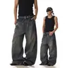 Jeans masculino retro americano com lavagem desgastada, design único, adequado para casais, caimento solto, calça casual versátil de perna reta e larga