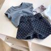Traje de Verano Estilo Coreano para Niñas Gris Lazo Camiseta de Manga Corta Niños Grandes Polzzo Lunares Pantalones Cortos de Mezclilla Conjunto de Dos Piezas de Moda