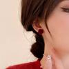Pendientes de Aguja Plateada Otoño e Invierno con Estampado de Rosas Pendientes Florales Elegantes Retro Borgoña Pendientes de Nicho de Alta Gama para Mujer