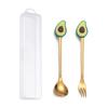 Cuchara y tenedor de acero inoxidable portátil para niños, con bonitos dibujos animados, dorados, para café, fruta, postre, caja de regalo