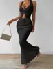 Conjunto Elegante de Dos Piezas para Mujer de Verano Transfronterizo Europeo y Americano: Crop Top Halter de Color Sólido con Delantero Retorcido y Falda Midi de Cola de Pez
