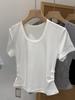 Verão novo ~ temperamento minimalista Coringa design slim com pregas na cintura decote U grande algodão fino manga curta camiseta top feminino
