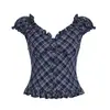 Camiseta de Mujer Estilo Y2K, Top Retro Europeo y Americano de Nicho a Cuadros con Mangas Volantes, Cuello en V Sexy Estilo Ballet Francés, Adelgazante