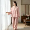 Ropa de casa para mujer de jacquard de algodón puro 2026 primavera/otoño nuevo estilo cuello mao abotonado manga larga pantalón largo transpirable cómodo pijama