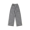 Calça casual xadrez patchwork color block retro americana de cintura dupla para homens e mulheres, calça reta solta relaxada e versátil