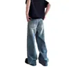 Jeans Azules de Pierna Recta y Corte Limpio con Efecto Desgastado para Hombre, Pantalones Versátiles de Pierna Ancha Tendencia para Primavera y Otoño