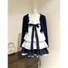 Vestido de pastel abullonado con estampado de lunares en la correa, bordes con volantes, falda de cuadros y cárdigan de manga larga para mujer, disponible en stock, color medianoche, 'sweetheart girl'
