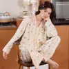 Algodón Puro Manga Larga Pantalón Largo Otoño Ropa de Dormir Cardigan con Solapa Gato Pequeño Lazo Todo Algodón Ropa para Casa Conjunto de Dos Piezas Se Puede Usar Afuera