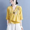 Blusa de Algodão e Linho Bordada com Gola Diagonal e Gravata em Forma de Leque, Manga Média para Mulheres, Estilo Chinês Retrô Zen, Roupa para Chá