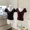 Camiseta Lisa de Manga Curta com Decote V para Mulheres, Top Curto Elástico Slim Fit