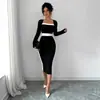 Vestido bodycon elegante y moderno para mujer europea y americana, de corte ajustado, cuello cuadrado, manga larga y con estiloso diseño de retazos