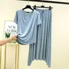 Traje de falda de manga corta con cuello en V de modal para mujer, prenda exterior de verano, ropa de estar talla grande, corte holgado, adelgazante, conjunto casual de dos piezas