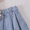 Comercio exterior transfronterizo verano niñas nuevo polo, chaleco a rayas, falda vaquera vintage conjunto de dos piezas, fabricante elegante y a la moda
