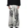 Jeans de Pierna Ancha con Estampado de Notas Musicales Estilo Calle Americano para Hombre, Lavado Pesado y Desgastado, Diseño Holgado, Pantalones Largos Versátiles