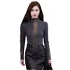 Top de moda com mangas compridas, novo para outono/inverno, com decote semi-alto e adornado com strass, projetado para te deixar mais jovem e magra, uma peça básica elegante e versátil para mães.