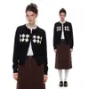 Suéter cárdigan de punto retro de alta gama con patrón de rombos negros para mujer, corte ajustado, top adelgazante para otoño e invierno