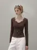 Camiseta feminina de manga longa com amarração estilo Maillard, decote em U vazado, para outono, peça íntima estilosa e que valoriza a silhueta