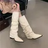 Botas Altas de Cuero Suave con Punta Aguda para Mujer Botas Fruncidas Apiladas Tacón Grueso Estilo Punk Botas de Caballero Estilo Callejero Botas Altas de Tacón Alto para Chica Popular