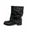 Primeiro Encontro Temporada 2026 Outono/Inverno Novidades Salto Médio Cano Largo Afinando Botas Plissadas Empilhadas Botas de Cano Curto Cavaleiro Negro Femininas