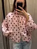 Ropa de Mujer Transfronteriza Primavera Estilo Europeo y Americano Nueva Chaqueta Rosa de Lunares con Cuello Alto para Mujer Diseño Holgado Casual de Manga Larga