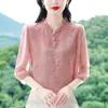 Camisa de Seda de Alta Qualidade para Mulheres, Mangas Três Quartos, Novo Estilo de Verão, Borda Franzida, Blusa Elegante Estampada, Top de Seda de Amora