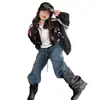 Chaqueta para niña 2026 otoño nuevo estilo coreano genial chaqueta de motociclista para niñas mayores con estampado color block y cuello alto top moderno