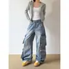 Calça Jeans de Trabalho Loose Retro Americana com Múltiplos Bolsos para Homens e Mulheres Perna Larga Reta High Street Caimento Limpo Comprimento Total Tendência