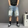 Diseño Personalizado Nueva Marca de Moda Shorts de Mezclilla Lavados en Azul Rasgados para Hombres, Moda Juvenil, Marca de Lujo Ligero de Moda Ropa para Hombres