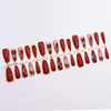 Uñas Postizas Rojas Vino Florales con Estilo Rojo Vintage Largo, 30 Piezas