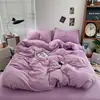 Juego de Cama de Cuatro Piezas de Algodón Lavado Clase A para Dormir Desnudo en la Cama, Funda Nórdica de Lino Color Sólido, Sábana Plana, Sábana Ajustable, Juego de Tres Piezas para Dormitorio Estudiantil