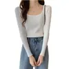 Camisa base feminina OEM gola quadrada, novo estilo outono/inverno 2026, justa ao corpo, alta qualidade, suéter de tricô com forro de fleece e gola baixa