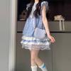 Vestido Xadrez Azul Estilo Francês para Meninas no Início do Verão 2025 Novo Manga Bufante Saia Princesa