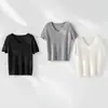 Camiseta Tricotada de Manga Curta com Decote V Vazado Texturizado em Mistura de Linho e Liocel para Mulheres, Top Simples e Elegante com Estilo Chinês