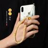 Cordão de Celular Feminino Estilo Exquisito e Fresco, Alça de Pulso Curta com Contas de Jade Bege e Cristal Branco, Corrente de Celular com Pingente Pequeno de Jade