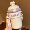 Copo de Vidro de Alta Aparência para Meninas, Copo Fofo 3D com Canudo, Grande Capacidade, Garrafa de Água Portátil Transversal para Crianças e Estudantes