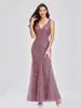Vestido de Noche Europeo y Americano Cuello en V Tul Bordado Lentejuelas Sexy Sirena Vestido de Graduación Mujer Vestido Formal
