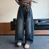 Calça para meninas, nova coleção outono 2026, jeans de perna reta e larga estilo coreano para meninas mais velhas, calça longa de corte solto para primavera e outono