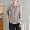 Foto Real de la Nueva Camisa de Manga Larga con Velos de Doble Capa de Algodón y Lino para Primavera y Otoño, Cárdigan Superior de Rayas Verticales Teñidas en Hilo Retro
