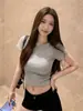 Top corto sexy y moderno para chica con cuello redondo y hombros rectos, camiseta minimalista versátil de manga corta de algodón Lyocell ajustada para mujer