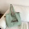Bolsa de Ombro de Lona Estilo Coreano com Letra Minimalista Preguiçosa Literária Ins Versátil Grande Capacidade Bolsa Tote para Estudante Ir ao Trabalho