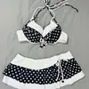 Biquíni de Bolinhas Estilo Doce para Mulheres Verão Preto e Branco com Bojo e Saia Emagrecedora Conjunto de Duas Peças Branco