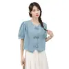 Nueva Camisa de Mezclilla con Mangas Cortas tipo Burbuja Estilo Chino para Mujer, Nuevo Estilo de Verano, Top Corto Elegante que Reduce la Edad, Otros