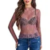 Moda Femenina Europea y Americana 2026 Nuevo Sexy Suéter Encaje Manga Larga Transparente Malla Transparente Top de Encaje