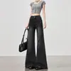 Jeans preto de alta qualidade boca de sino para mulheres, moderno e versátil, novo cós alto, corte solto, fluido e emagrecedor, calça comprida